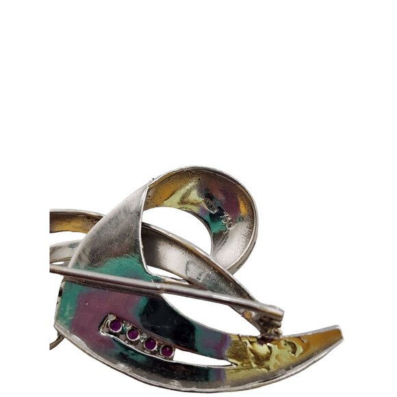 Vintage Beautiful 18kt/750 White Gold Ruby Sapphire Modernist Brooch (A1641) - Picture 5 of 6